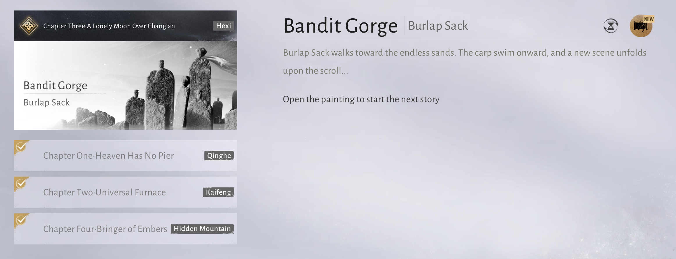 Bandit Gorge under Burlap Sack in the English Quest menu, with the objective Open the painting to start the next story