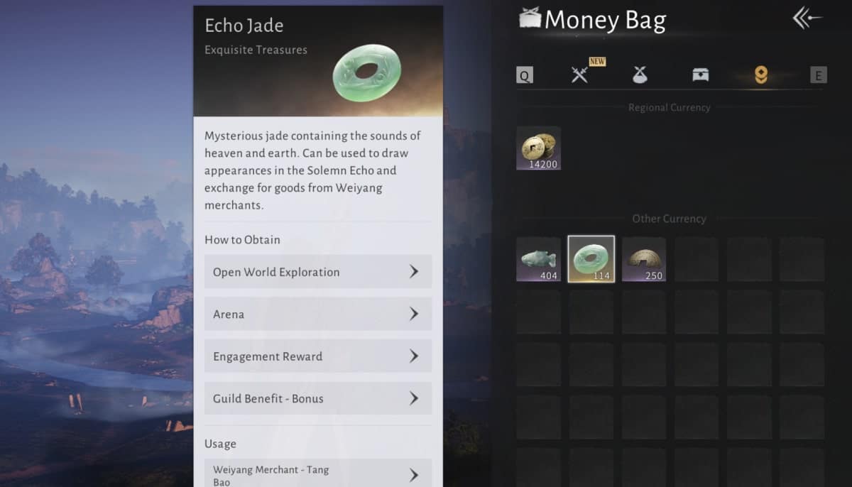 Echo Jade selected in Money Bag. How to Obtain lists earning routes; Usage identifies where to spend it.