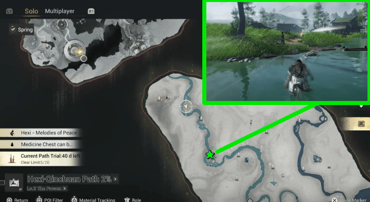 Cross the river toward the hut on the grassy bank.