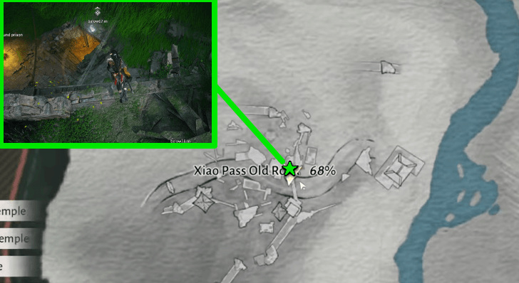 The dungeon entrance sits below the ruined rope bridge.