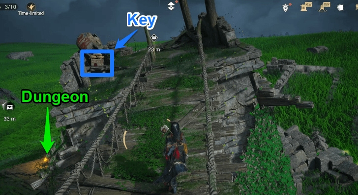 The key chest is above the dungeon, across the rope bridge.