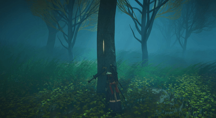 A gold investigation marker glows on the tree trunk.
