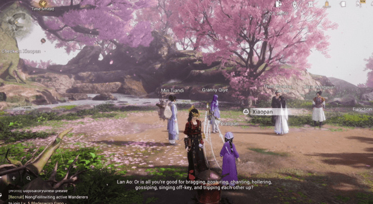 Xiaopan kneels beneath the large peach tree.