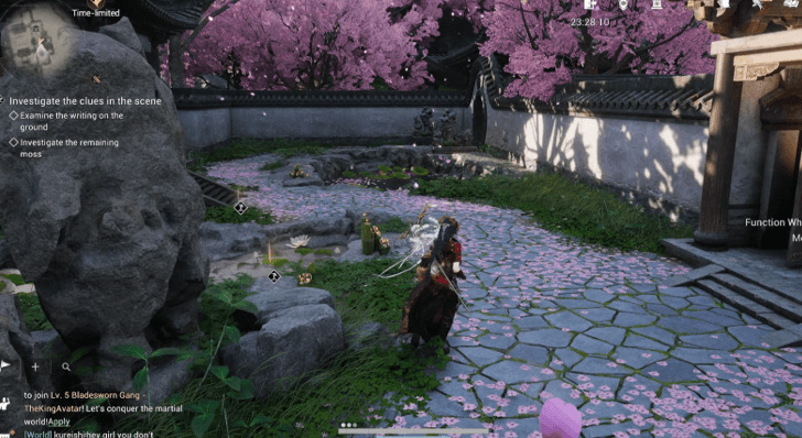 Inspect the two gold markers beside the pond.