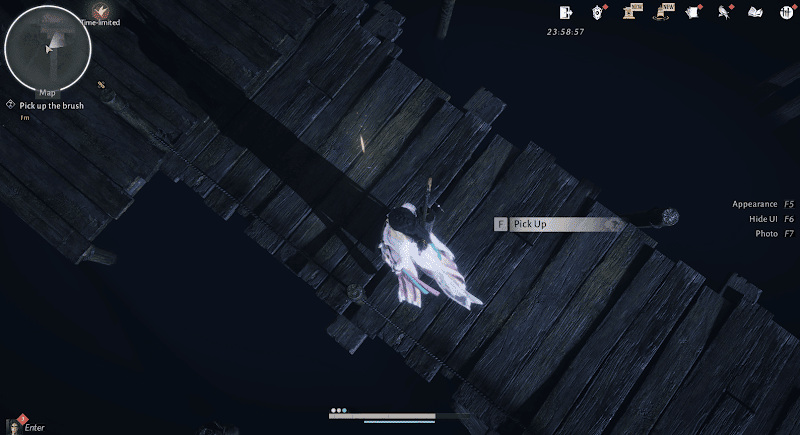 Pick up the glowing brush on the wooden walkway.