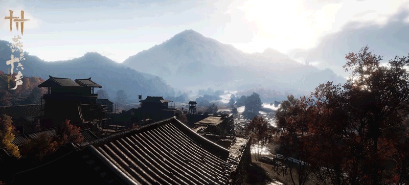 Tiled rooftops and riverside buildings in Hutuo.